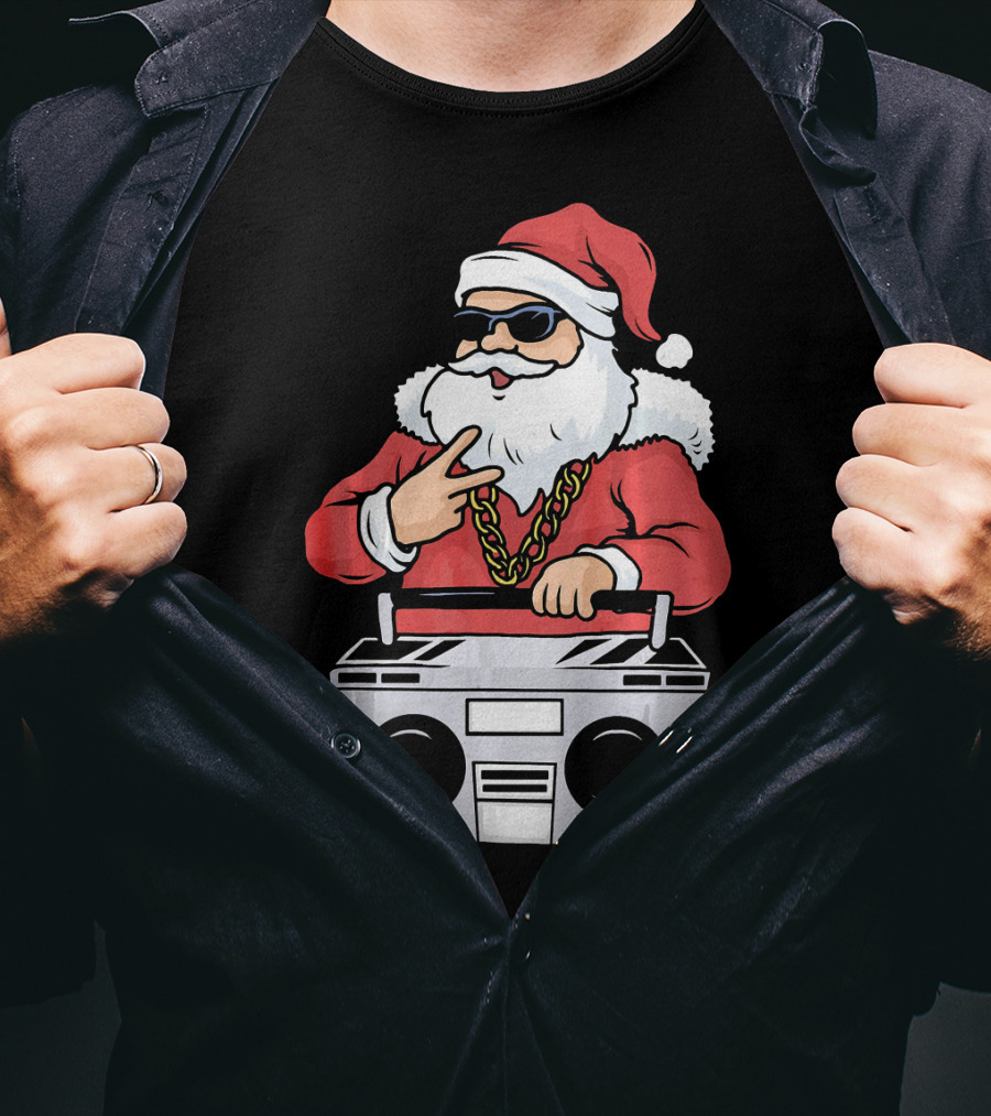 Santa Claus Rapper Style With Boombox And Bling T-Shirt