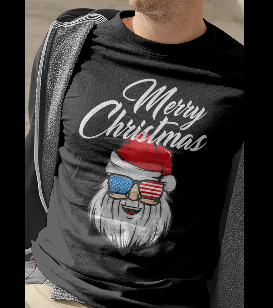 Merry Christmas Santa Claus Patriotic US Flag Sunglasses T-Shirt