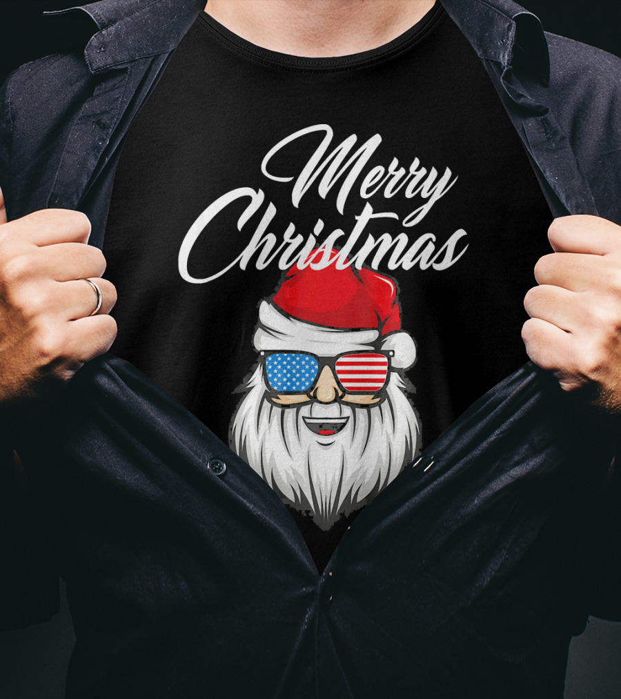 Merry Christmas Santa Claus Patriotic US Flag Sunglasses T-Shirt