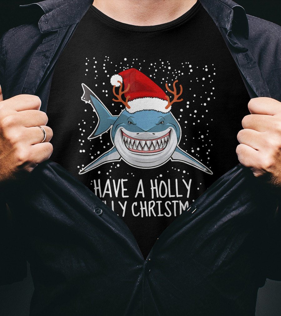 Have A Holly Jawlly Christmas Shark Santa Hat Reindeer Antlers T-Shirt