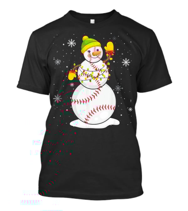 Christmas Snowman With Baseball Stitching And Santa Hat T-Shirt