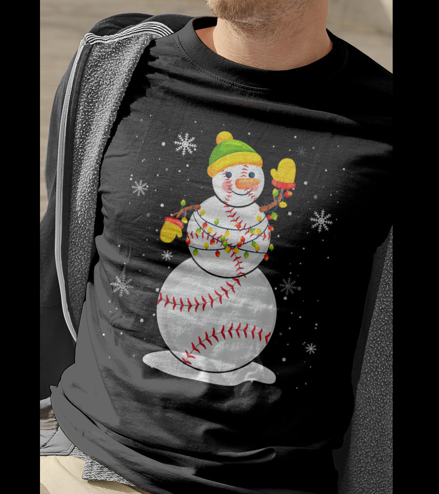 Christmas Snowman With Baseball Stitching And Santa Hat T-Shirt