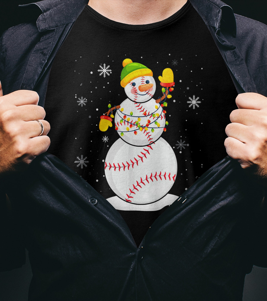 Christmas Snowman With Baseball Stitching And Santa Hat T-Shirt