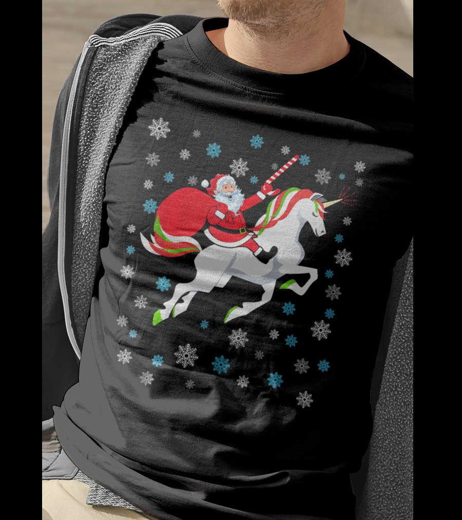 Christmas Unicorn Santa Riding Through Snowflakes T-Shirt