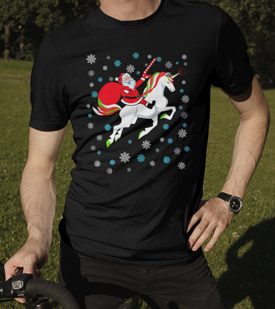 Christmas Unicorn Santa Riding Through Snowflakes T-Shirt