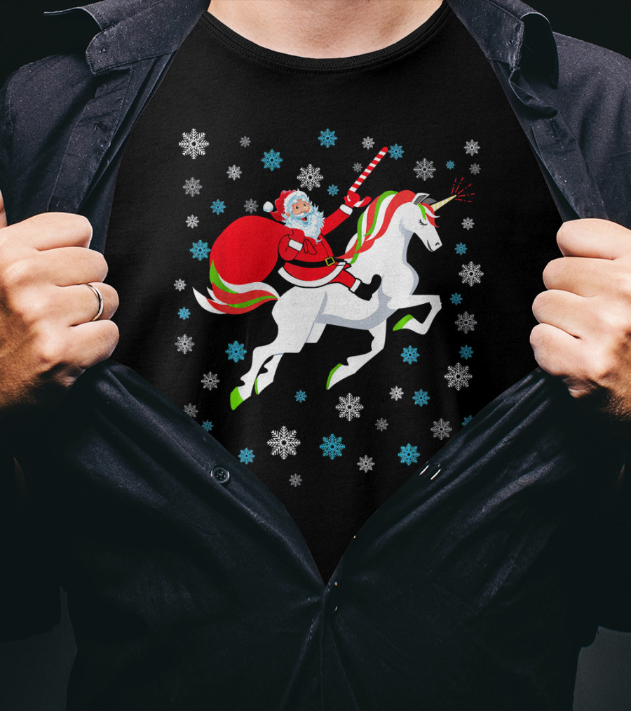 Christmas Unicorn Santa Riding Through Snowflakes T-Shirt