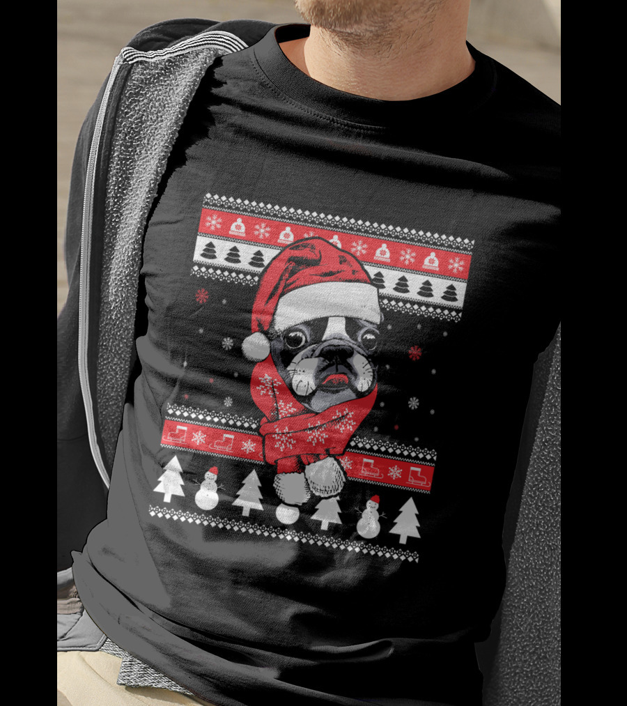 Funny Boston Terrier Christmas Santa Sweater Festive Dog T-Shirt