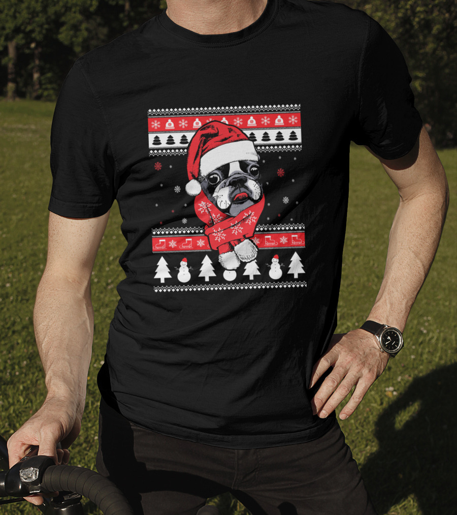 Funny Boston Terrier Christmas Santa Sweater Festive Dog T-Shirt