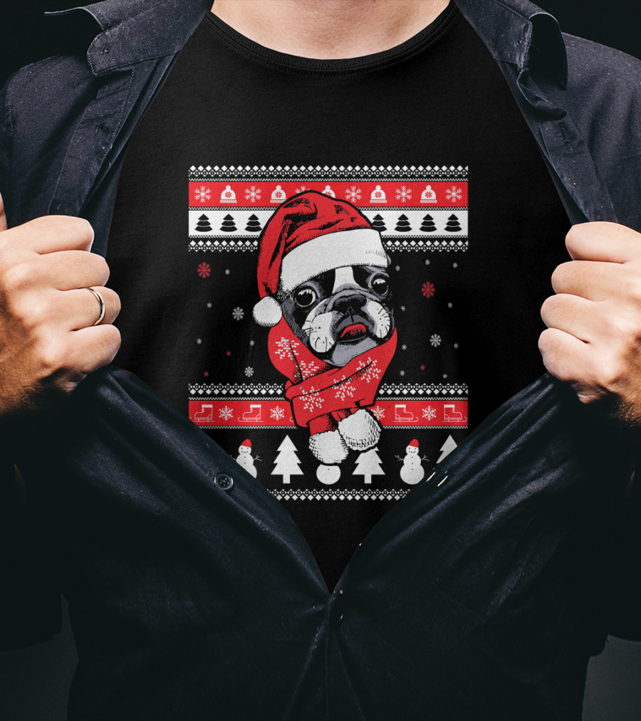 Funny Boston Terrier Christmas Santa Sweater Festive Dog T-Shirt