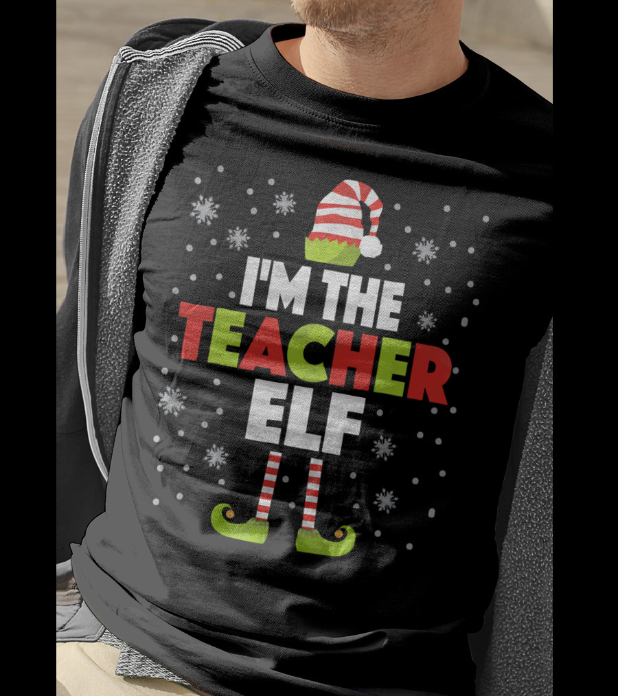 I'm The Teacher Elf Striped Hat And Shoes Snowflakes T-Shirt