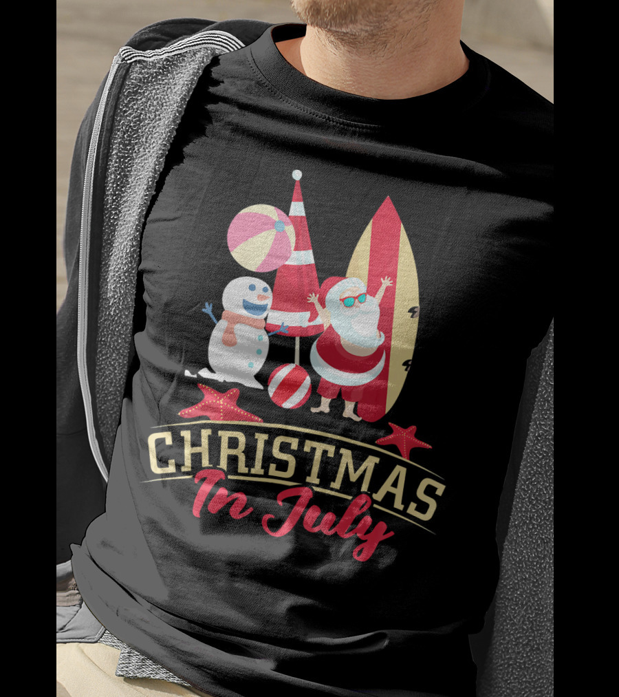 Christmas In July Santa Surfing Snowman Beach Ball T-Shirt