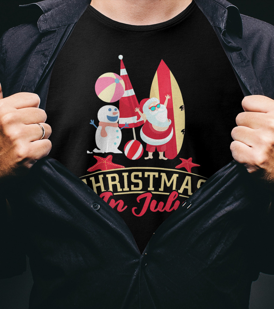 Christmas In July Santa Surfing Snowman Beach Ball T-Shirt