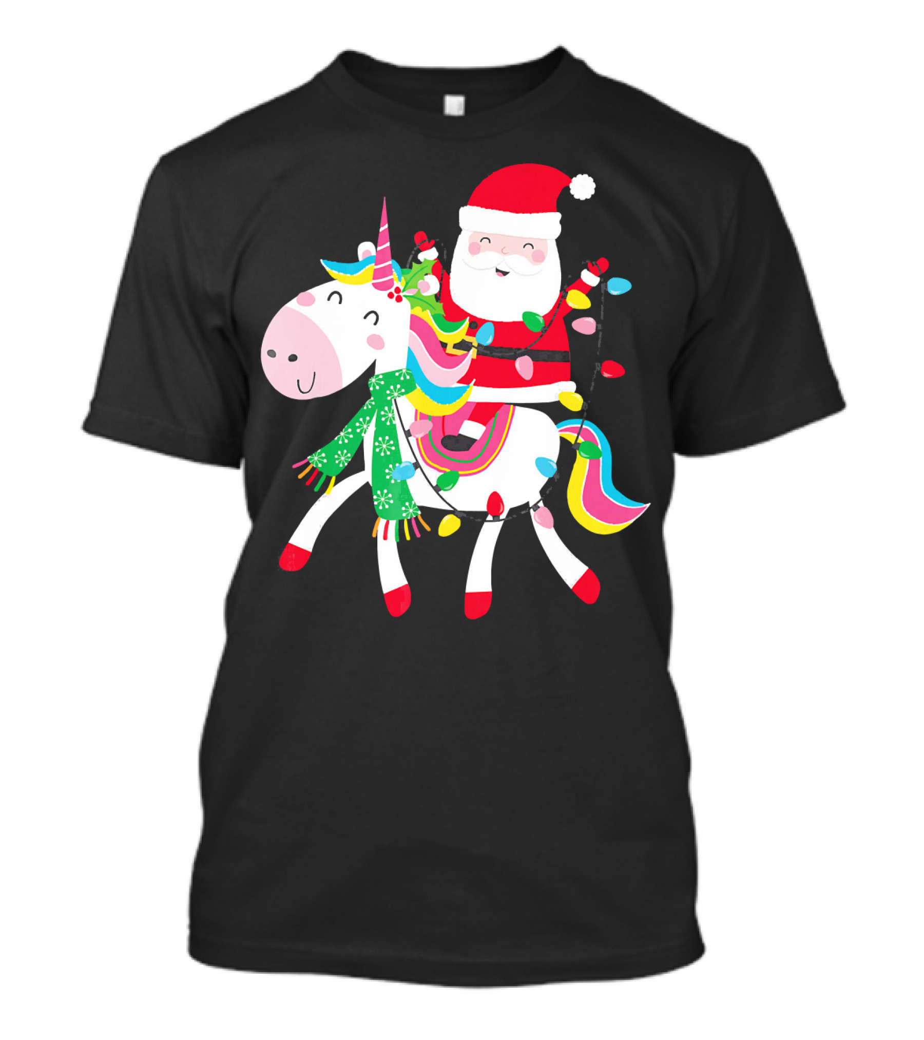 Santa Claus Riding Unicorn With Christmas Lights And Scarf T-Shirt