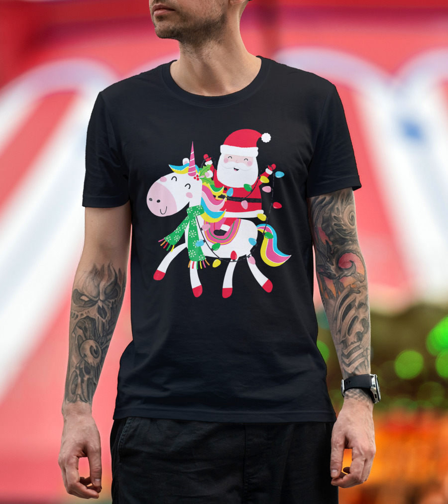 Santa Claus Riding Unicorn with Christmas Lights and Scarf T-Shirt