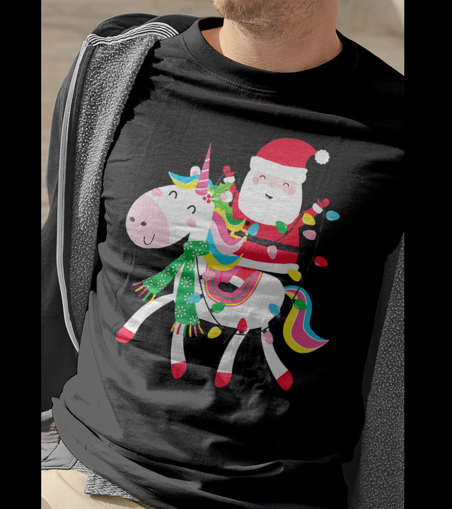Santa Claus Riding Unicorn With Christmas Lights And Scarf T-Shirt