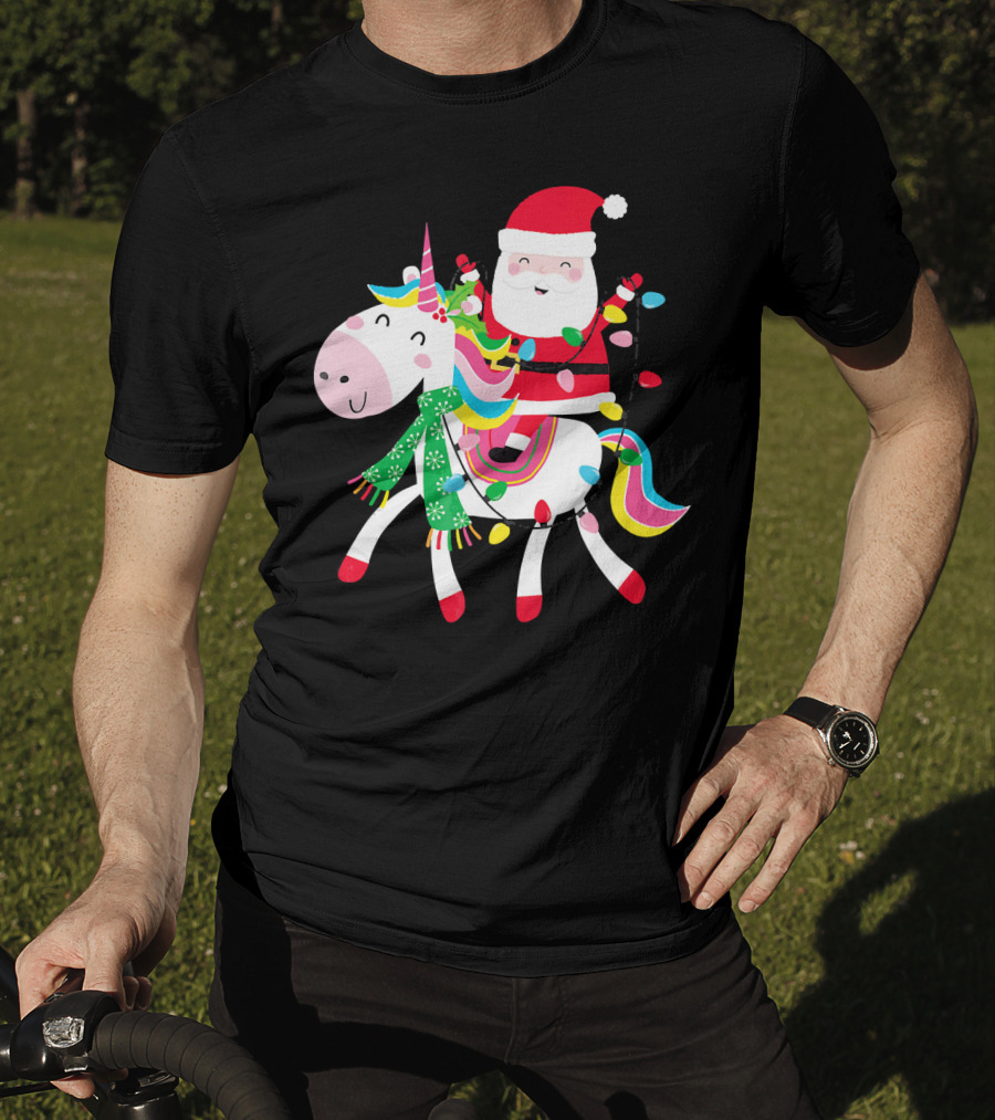 Santa Claus Riding Unicorn With Christmas Lights And Scarf T-Shirt