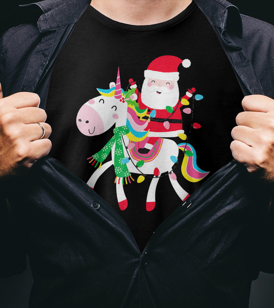 Santa Claus Riding Unicorn With Christmas Lights And Scarf T-Shirt