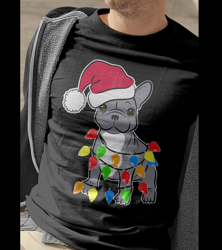 Santa French Bulldog With Christmas Lights T-Shirt