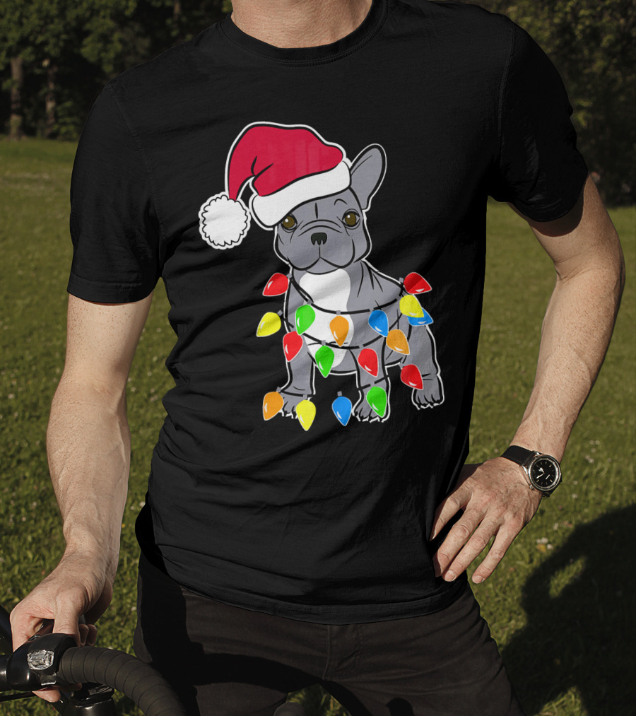Santa French Bulldog With Christmas Lights T-Shirt