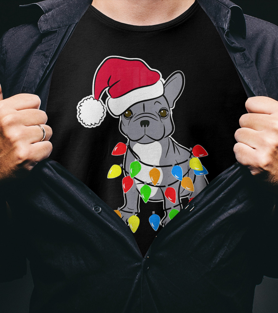 Santa French Bulldog With Christmas Lights T-Shirt