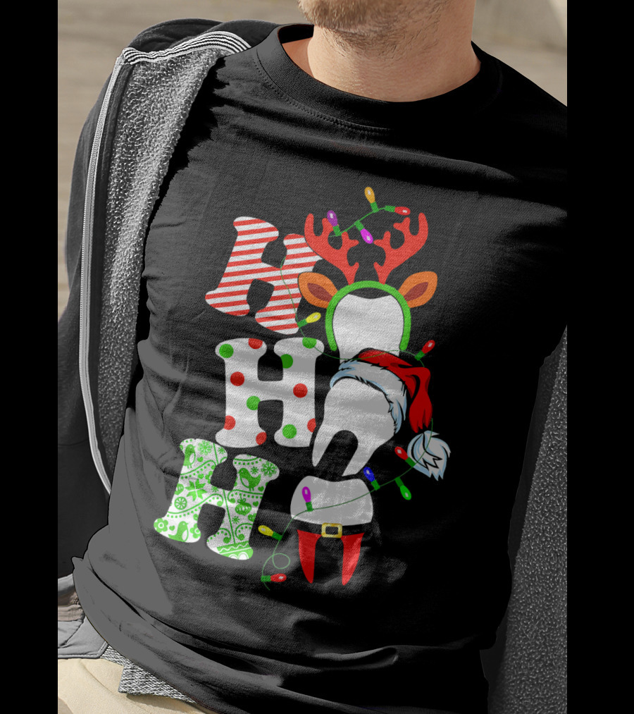 Ho Ho Ho Funny Santa Teeth Christmas Lights Reindeer Antlers T-Shirt