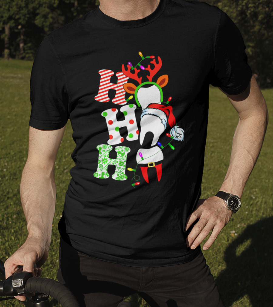 Ho Ho Ho Funny Santa Teeth Christmas Lights Reindeer Antlers T-Shirt