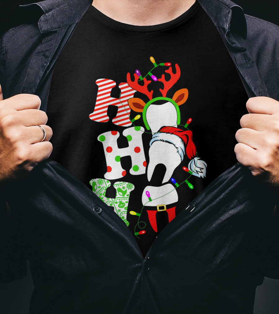 Ho Ho Ho Funny Santa Teeth Christmas Lights Reindeer Antlers T-Shirt