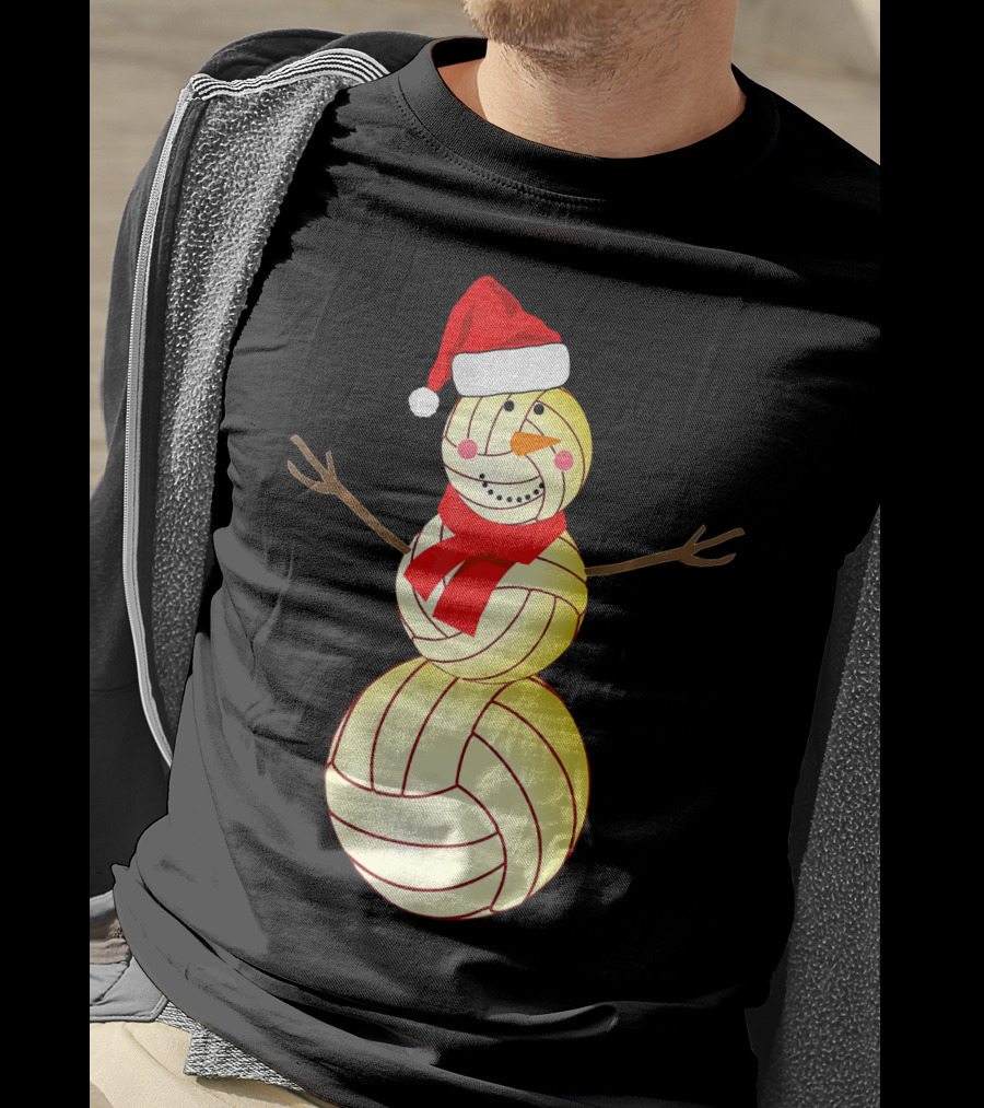 Funny Volleyball Snowman With Santa Hat And Scarf T-Shirt