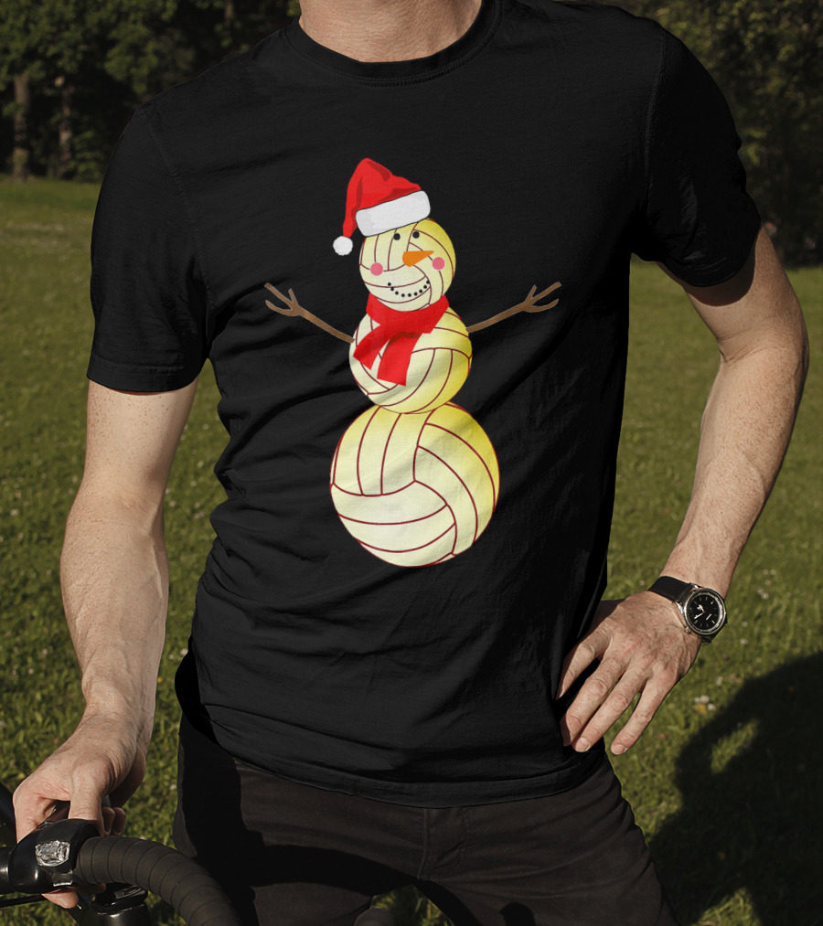 Funny Volleyball Snowman With Santa Hat And Scarf T-Shirt