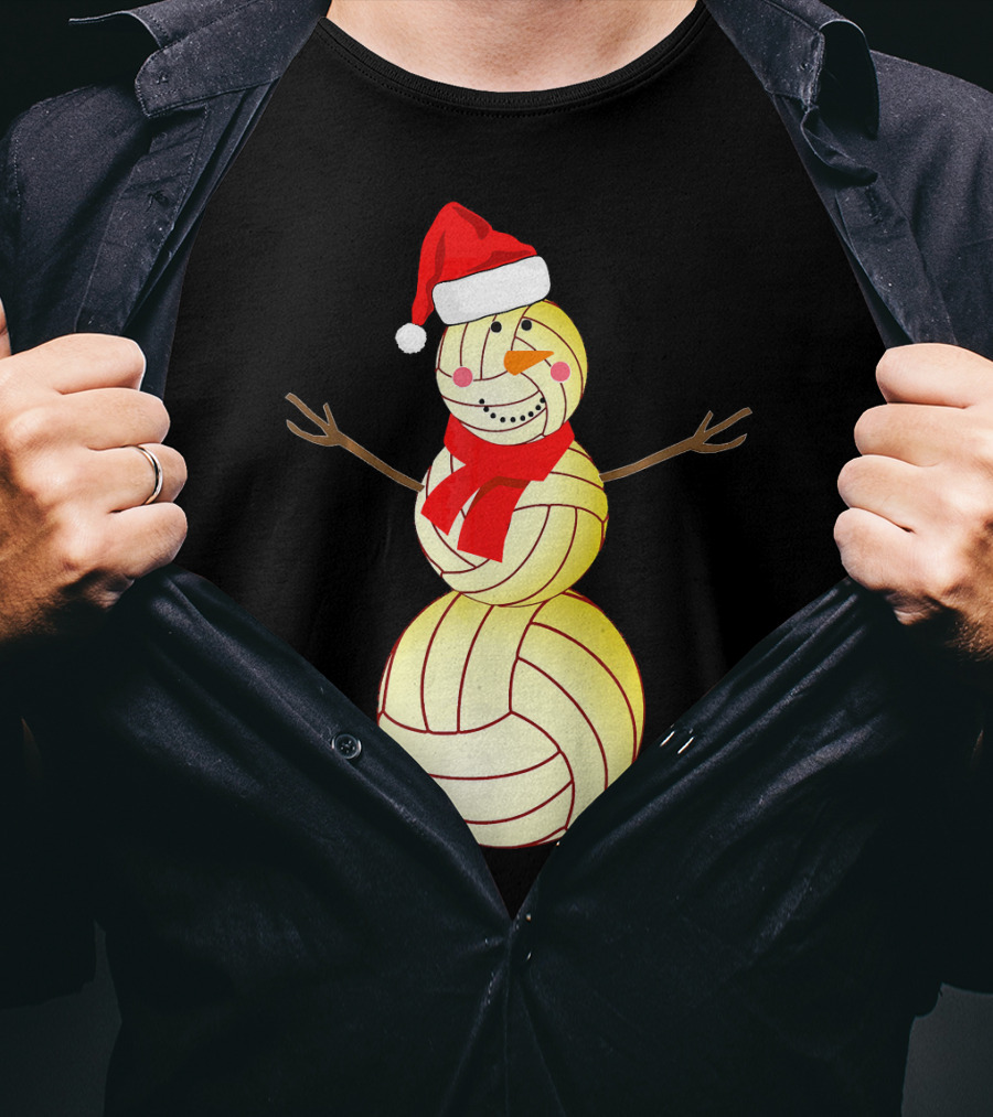 Funny Volleyball Snowman With Santa Hat And Scarf T-Shirt
