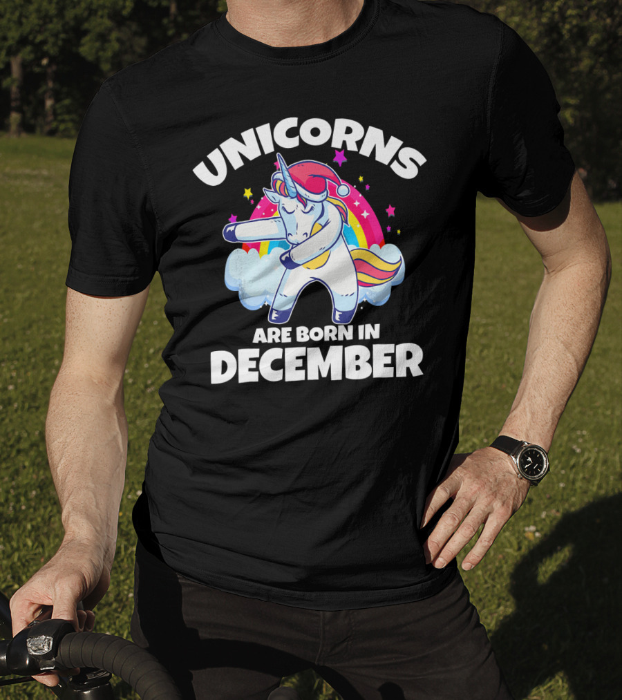 Unicorns Are Born In December Dabbing Unicorn Rainbow Stars Santa Hat T-Shirt