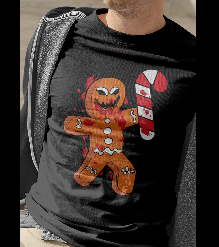 Christmas Horror Scary Gingerbread With Bloody Candy Cane T-Shirt