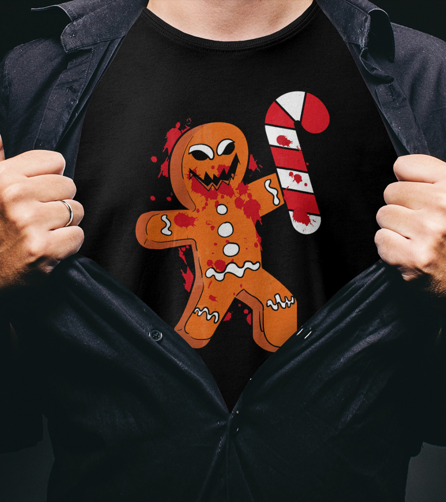 Christmas Horror Scary Gingerbread With Bloody Candy Cane T-Shirt