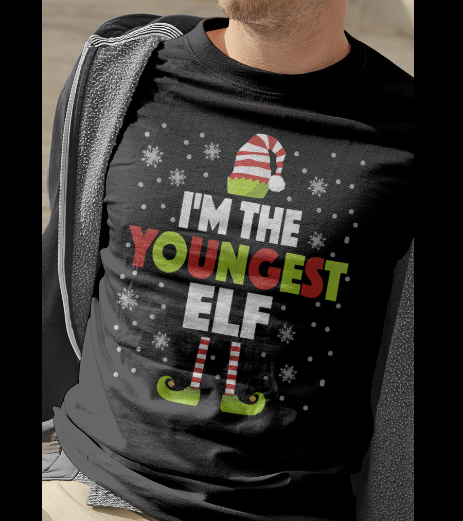 I'm The Youngest Elf Christmas Snow Hat And Shoes T-Shirt