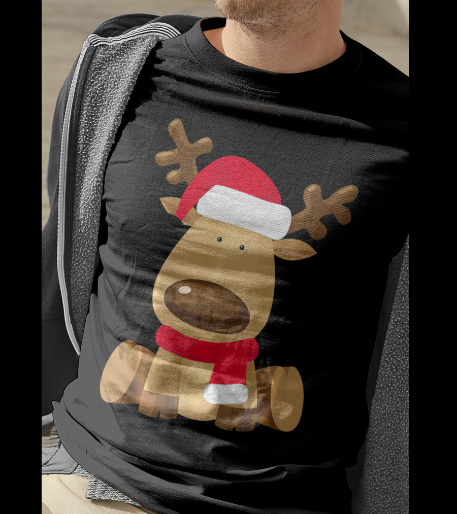 Adorable Festive Reindeer With Santa Hat And Scarf T-Shirt