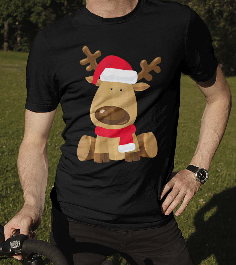 Adorable Festive Reindeer With Santa Hat And Scarf T-Shirt