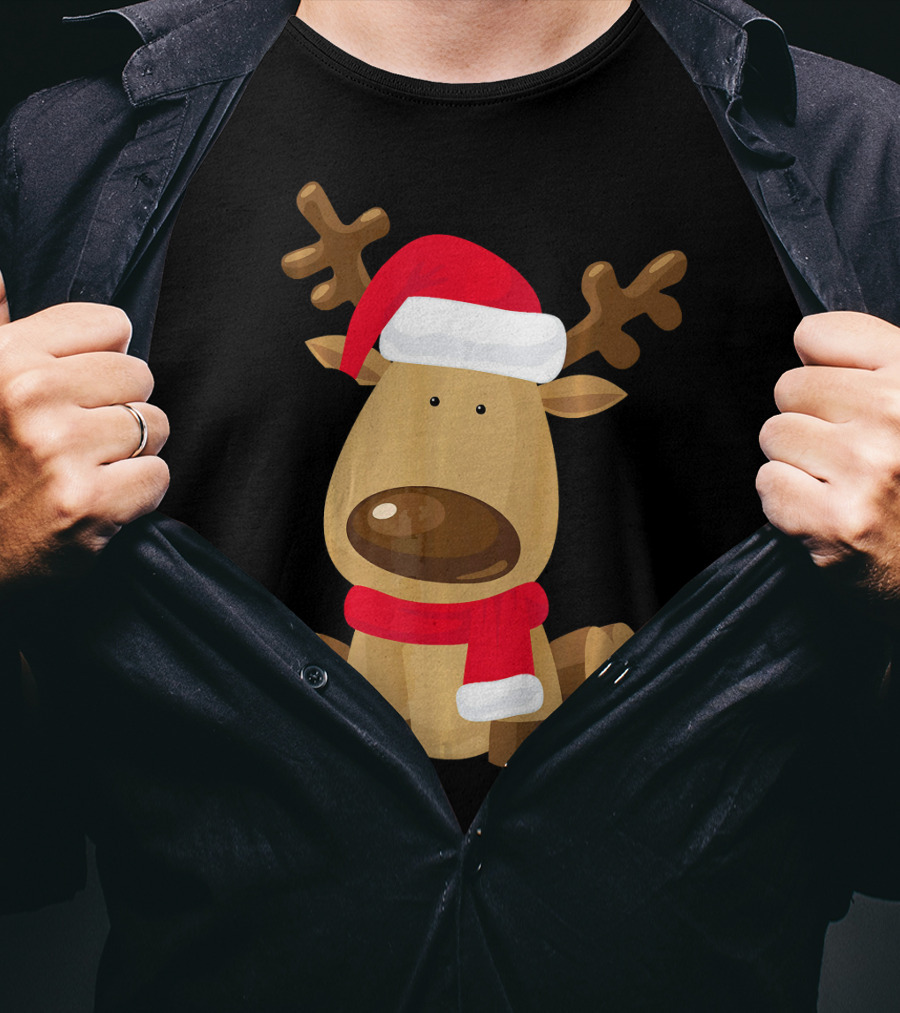 Adorable Festive Reindeer With Santa Hat And Scarf T-Shirt