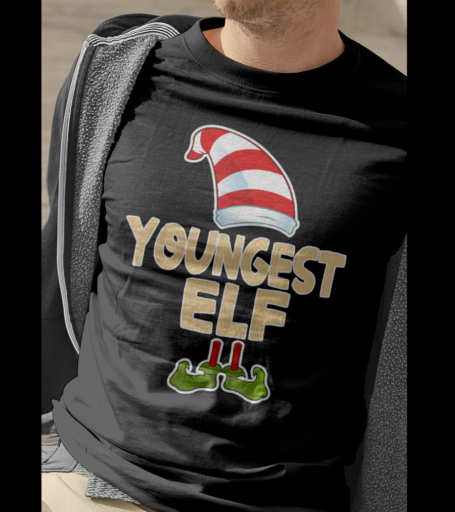 Youngest Elf Hat And Shoes Holiday Humor T-Shirt