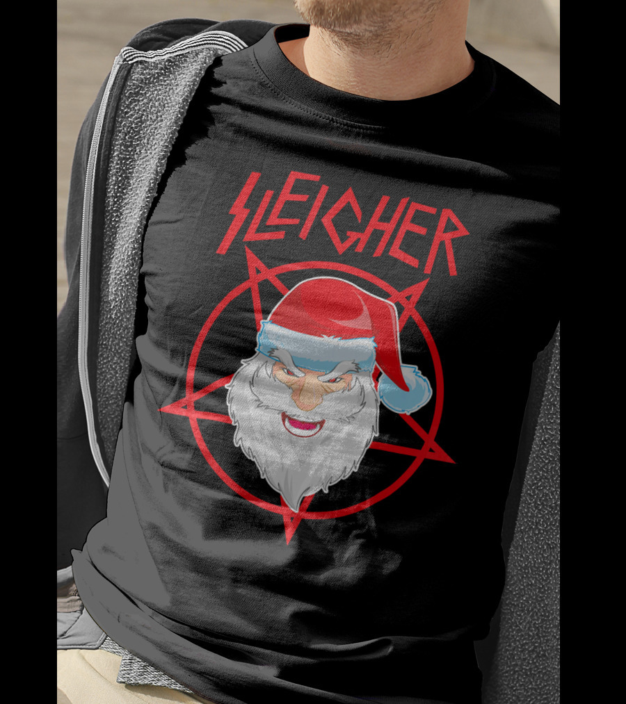 Sleigher Santa Claus Metal Christmas Coo Pentagram Santa Hat T-Shirt