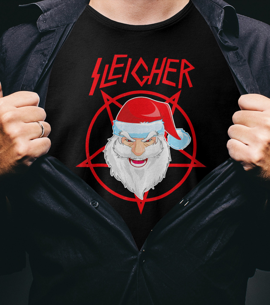Sleigher Santa Claus Metal Christmas Coo Pentagram Santa Hat T-Shirt