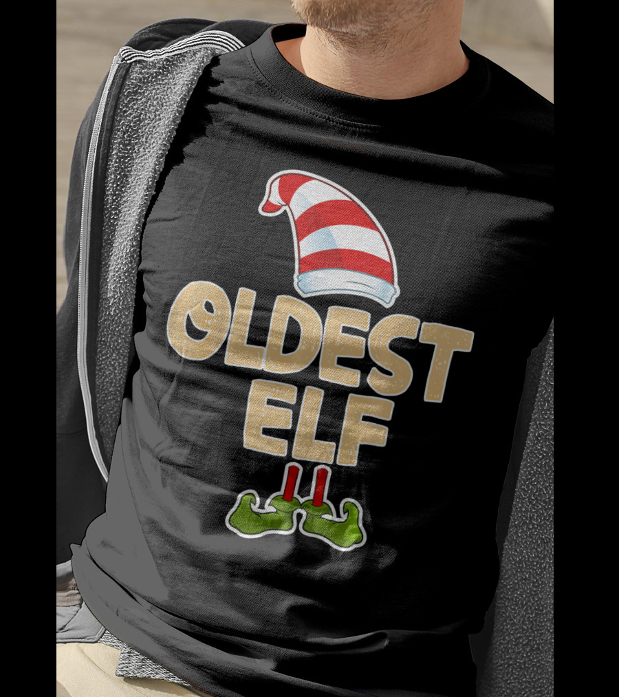Oldest Elf Santa Hat Striped And Funny Green Shoes T-Shirt