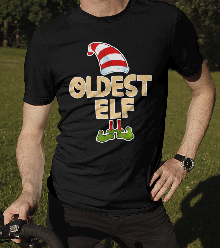Oldest Elf Santa Hat Striped And Funny Green Shoes T-Shirt