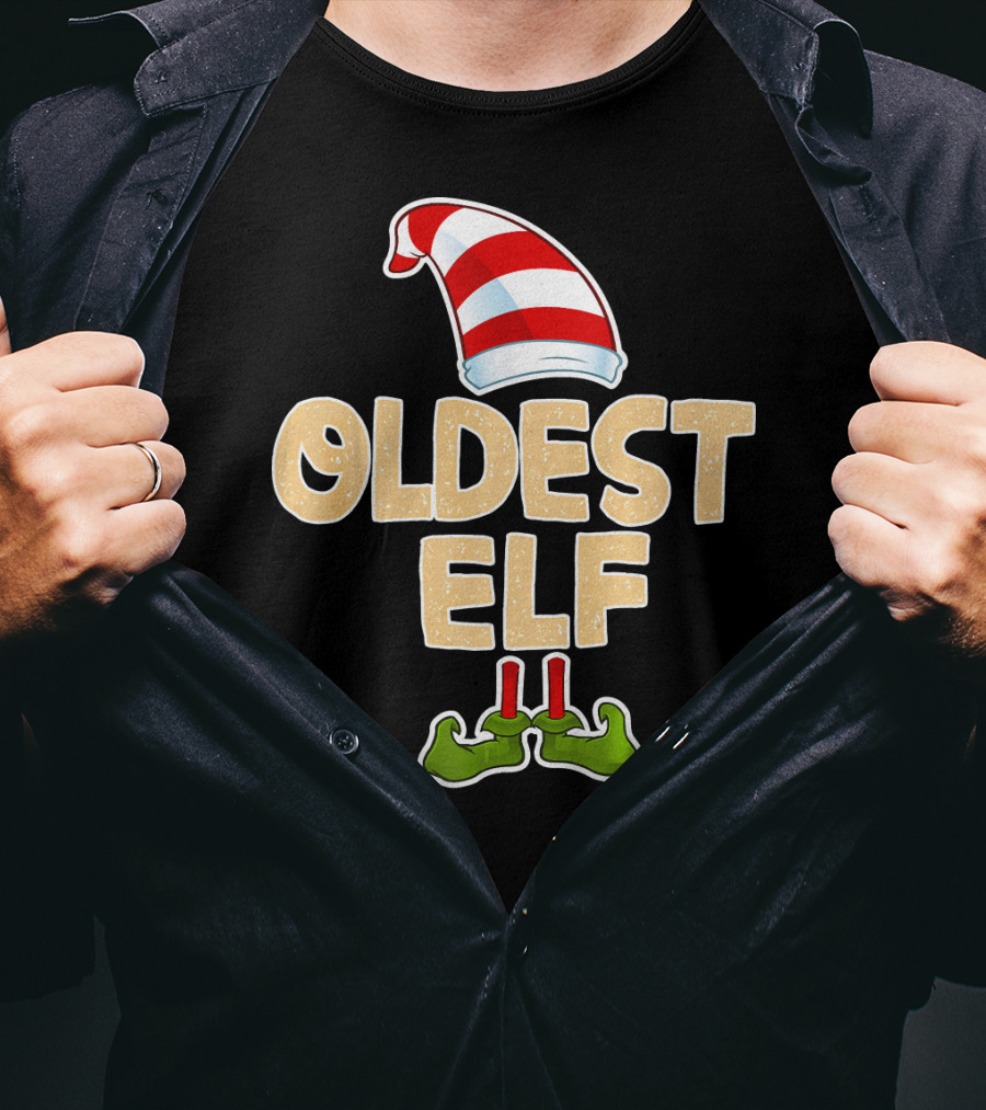 Oldest Elf Santa Hat Striped And Funny Green Shoes T-Shirt