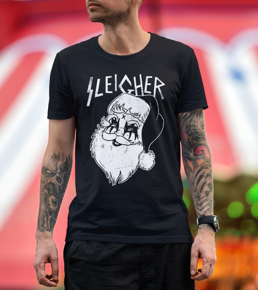 Sleigher Funny Christmas Black Metal Santa T-Shirt