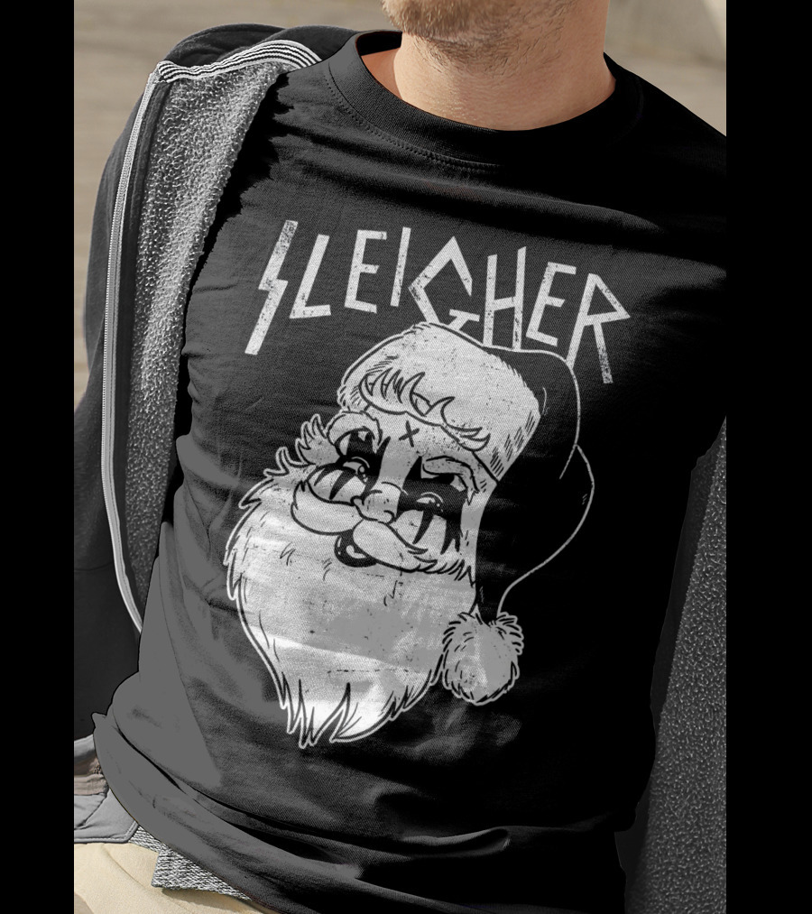 Sleigher Funny Christmas Black Metal Santa T-Shirt