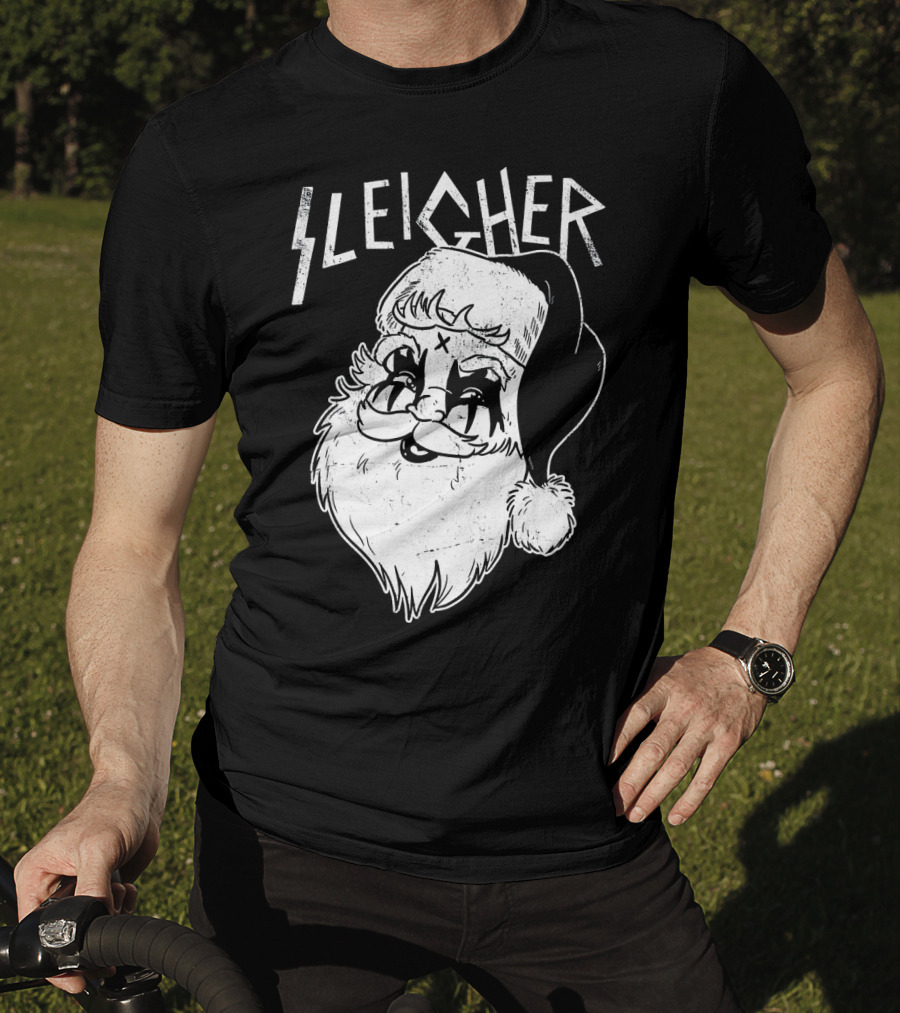 Sleigher Funny Christmas Black Metal Santa T-Shirt