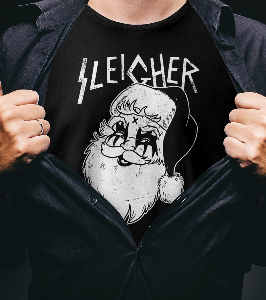 Sleigher Funny Christmas Black Metal Santa T-Shirt