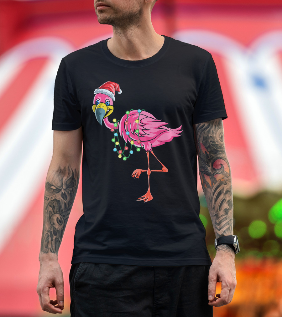 Christmas Flamingo Santa Hat Festive Lights Fun T-Shirt