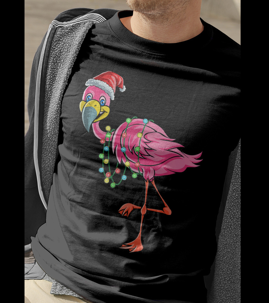 Christmas Flamingo Santa Hat Festive Lights Fun T-Shirt