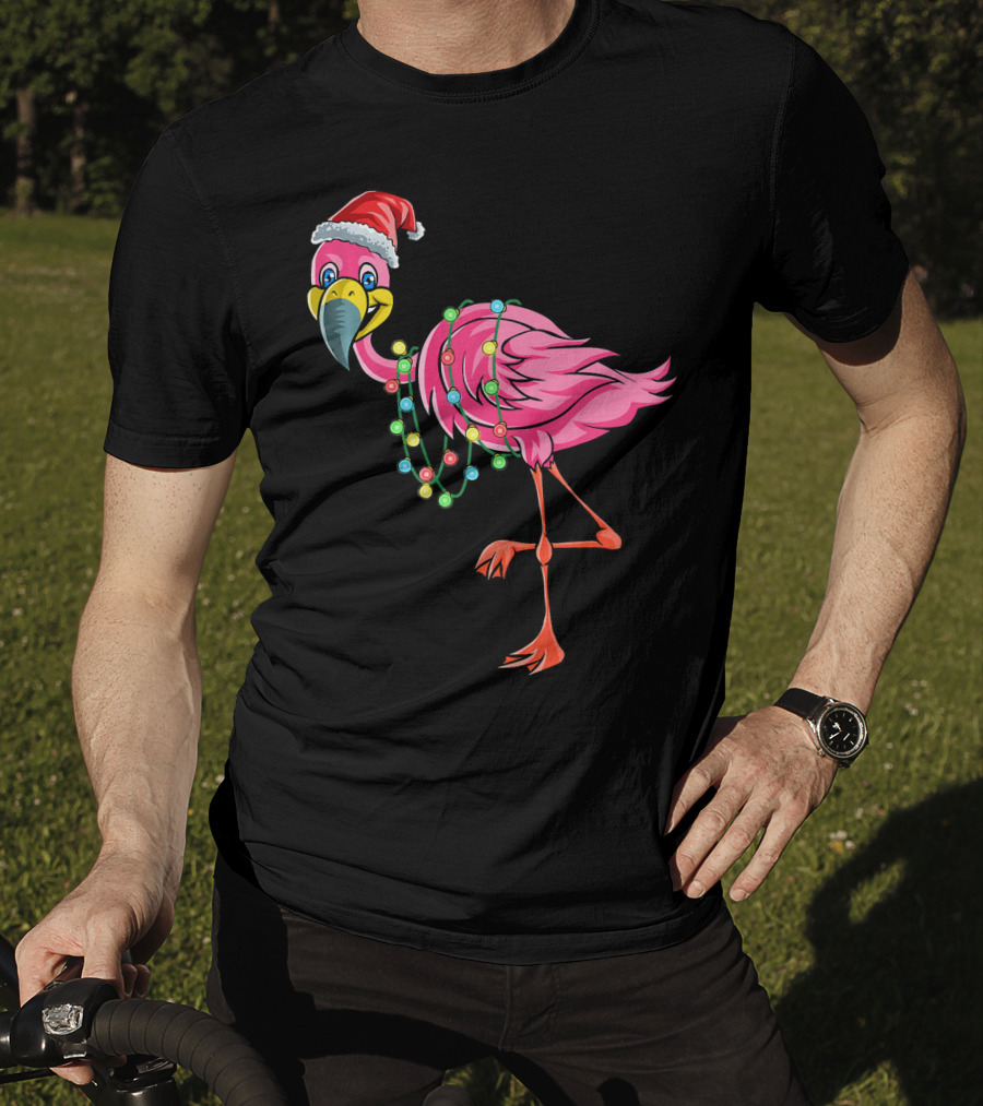 Christmas Flamingo Santa Hat Festive Lights Fun T-Shirt